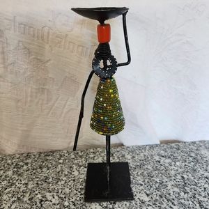 African Hand Crafted Black Metal Woman w/Multi Beaded Dress Candle Holder